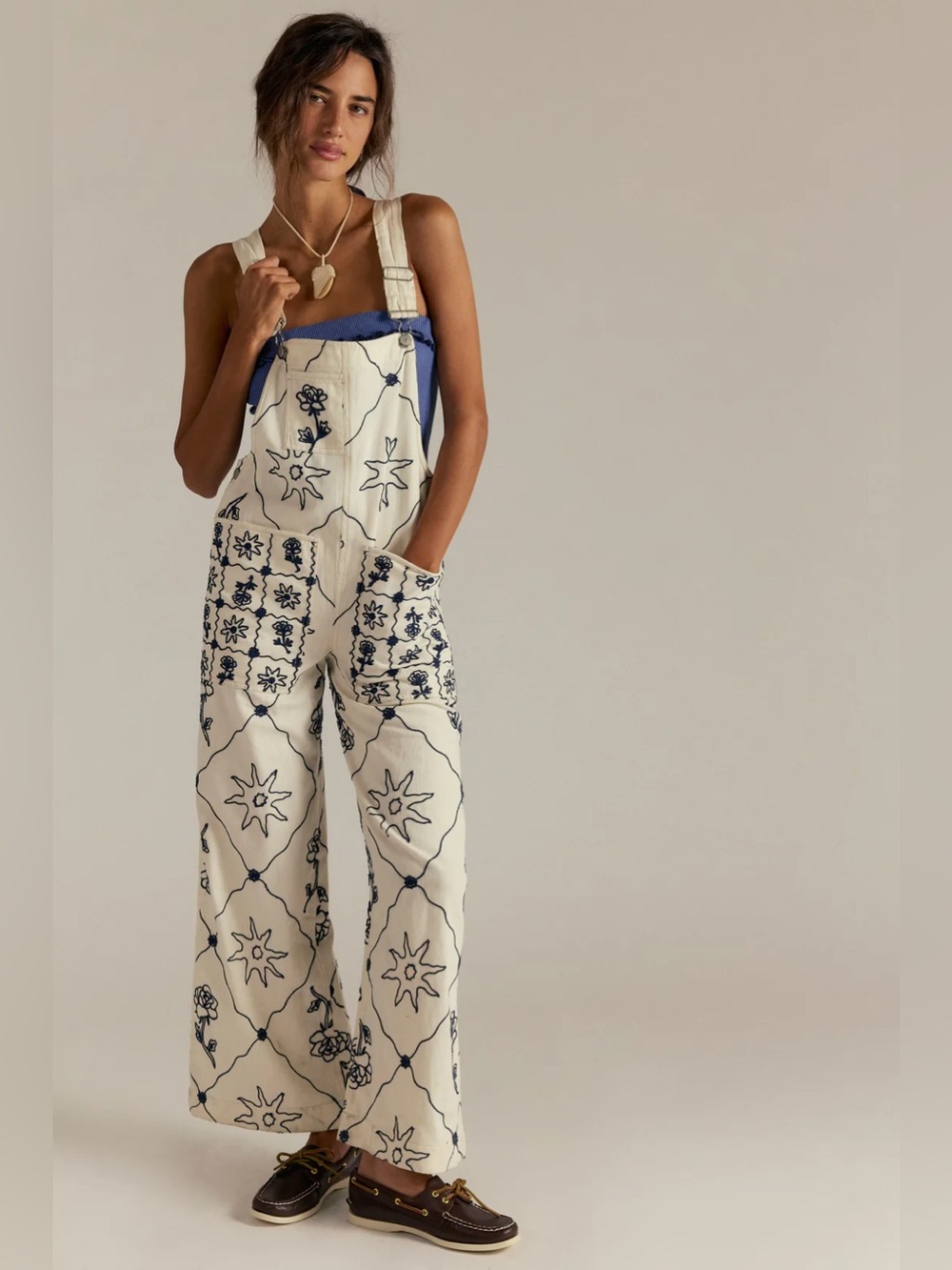 We The Free Rising Sun Embroidered Wide Leg Overalls~Solar Ecru